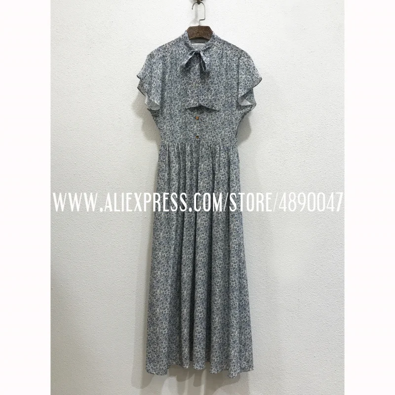 

Scarf tie tie retro small floral drop shoulder slim silk dress 2021 summer women's high-quality elegant long dress