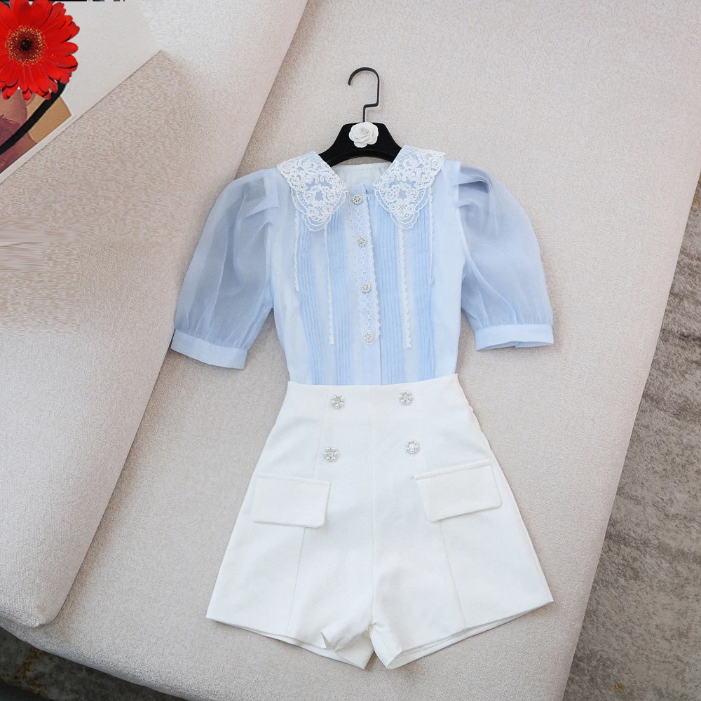 

HIGH STREET Newest 2021 Summer Fashion Suit Set Women's Short Sleeve Blouse Shirt Shorts Set