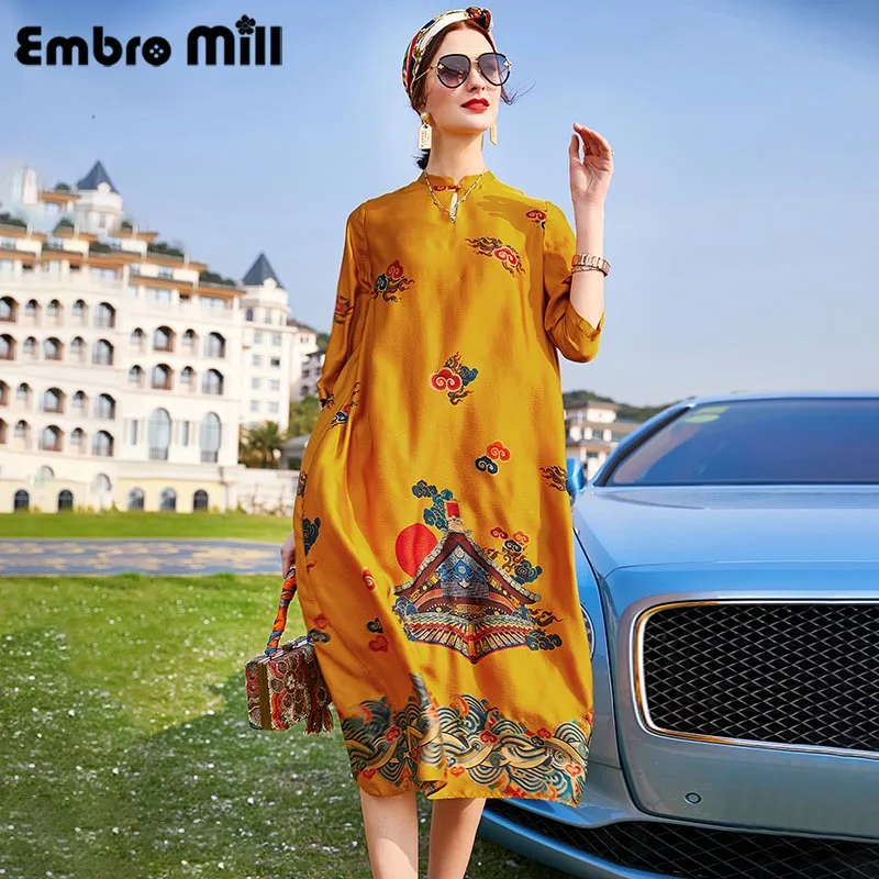 

High Quality Retro Lady Silk Dress Spring Summer New Street Style Stand Collar Print Loose Elegant Vacation Dress S-XL