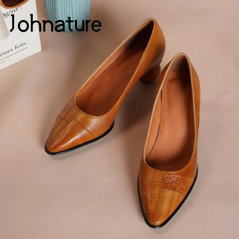 

Johnature Pumps Women Shoes 2022 New Genuine Leather Four Seasons Pointed Toe Retro Shallow Handmade Concise Casual Ladies Shoes
