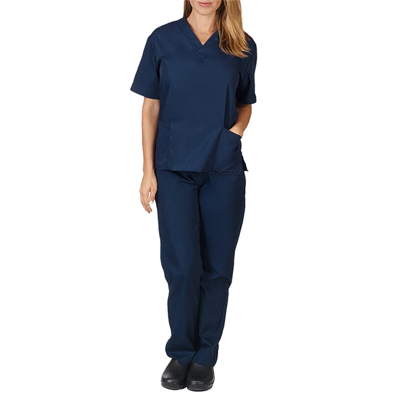 

Women Men Workwear Short Sleeve V-neck Tops+Pants Nursing Working Uniform Suit Scrub Uniform Overalls Clothes