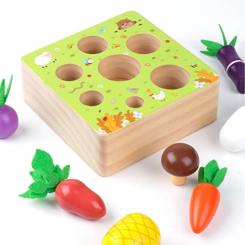 

Montessori Wooden Toys for 1- 2 Year Old Boys and Girls,Vegetables and Fruits Harvest Shape Size Sorting Puzzle STEM Educational