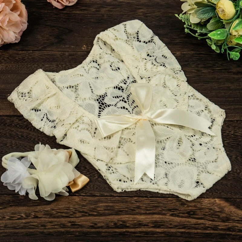 

T5EC Baby Bow Lace Romper Headband Set Newborn Photography Props Bodysuit Hair Band