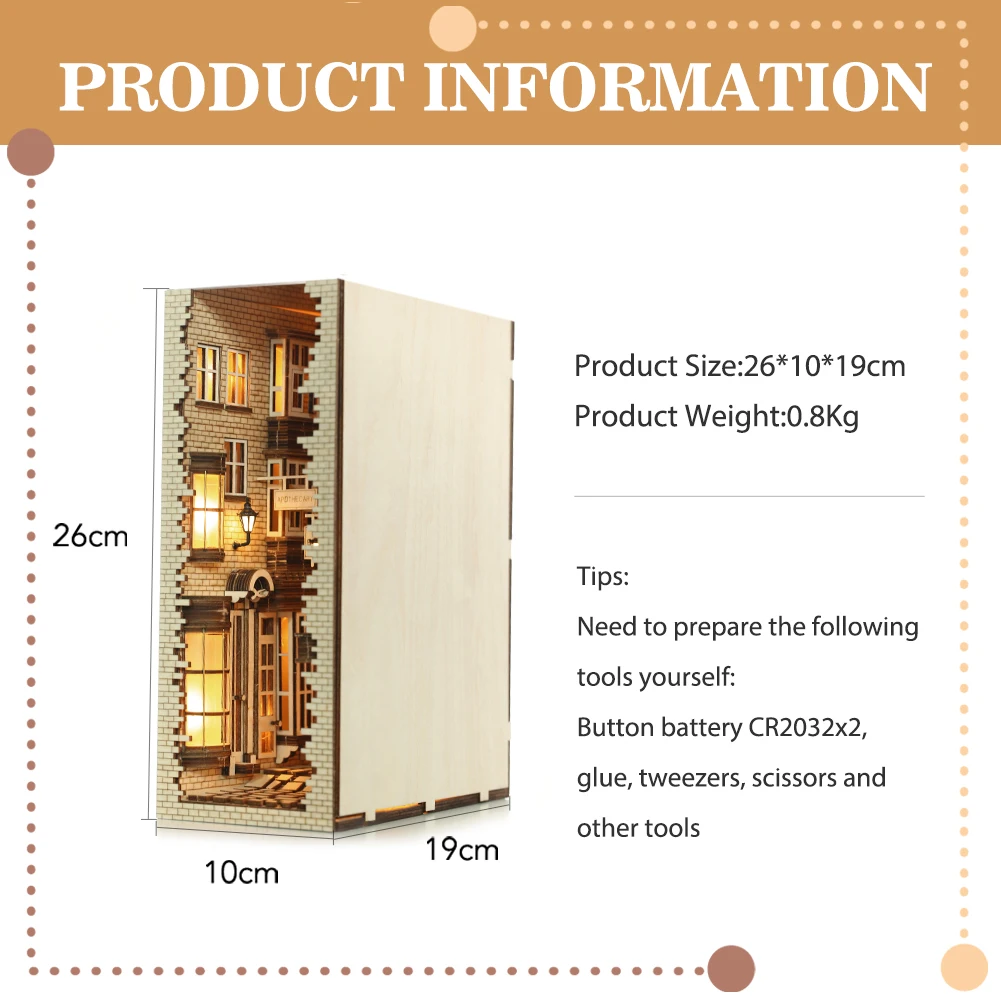 

Book Nook Chinese Style Bookend Ancient Streets DIY Bookend Book Shelf Insert,Booknook, Bookcase With Light Model Building Kit