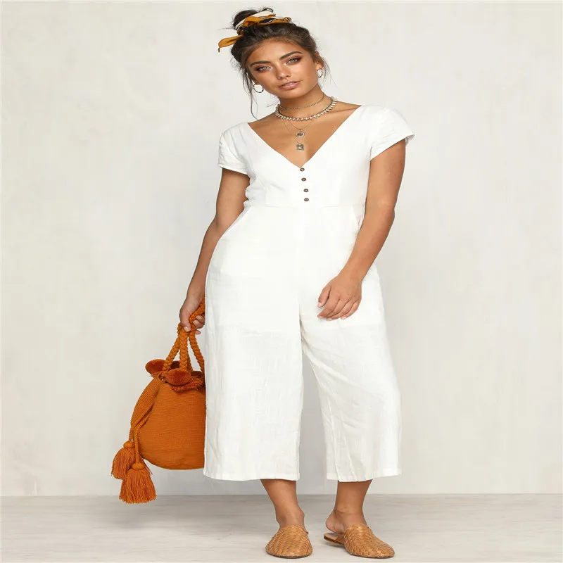 Женский повседневный летний комбинезон с v-образным вырезом белый коротким