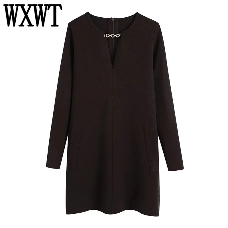 

WXWT Women Solid Chain Decorate Knit Mini Dress Long Sleeve Ladies High Street A-Line Short Dress BB4514