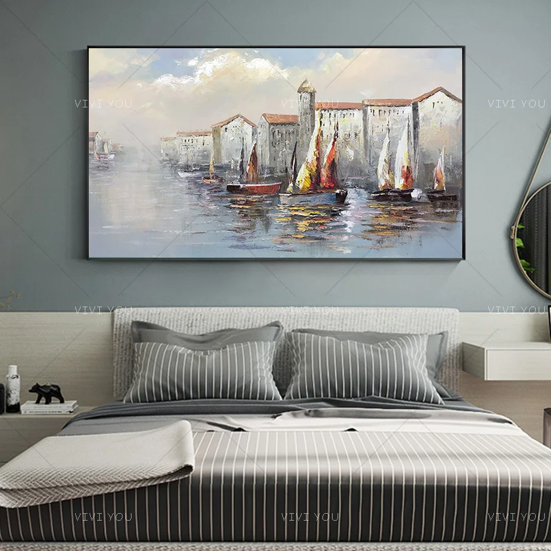 

Handmade Harbour and Sailing Modern Oil Painting Canvas Art Paint For Bedroom Decor Wall Art Pictures For Living Room Unframed