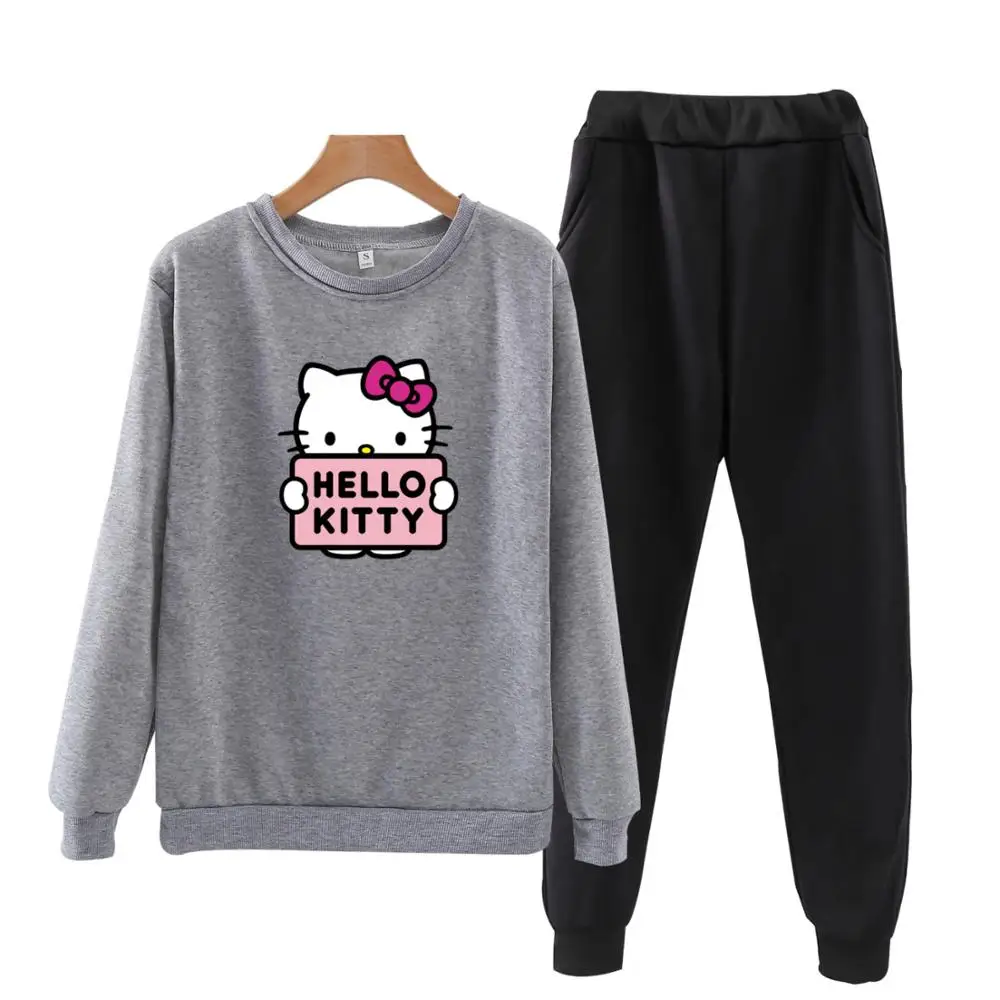 P106 осенний спортивный костюм hello-kitty, толстовки с длинными рукавами, комплект из 2 предметов, повседневный спортивный костюм, женский спортивный костюм - Цвет: Gray