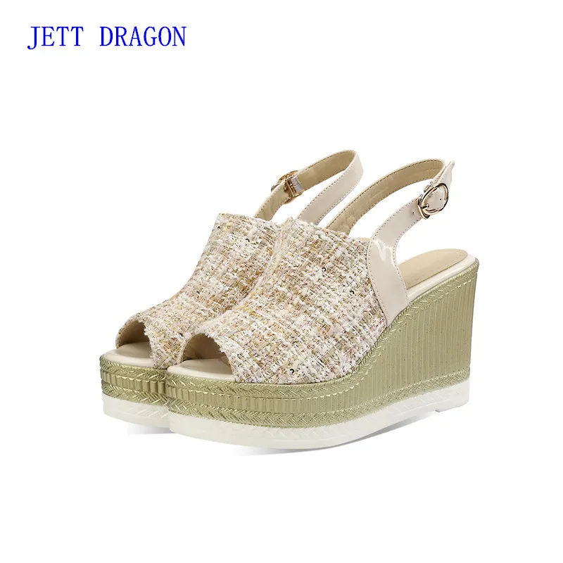

JETT DRAGON New Summer Women Buckle Strap Shoes Sexy Peep Toe Platform Wedges High Heels Big Size 40 41 42 Sandals Zapatos Mujer