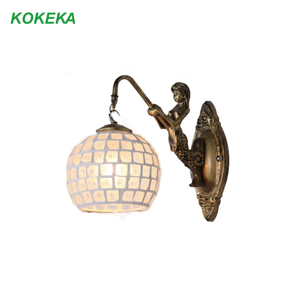 Стенная лампа для декора с подсветкой в европейском ретро стиле с мозаичным плафоном из витражного стекла с крупной винтовой головкой Е27 для дома, бара, кофейни, лестницы.