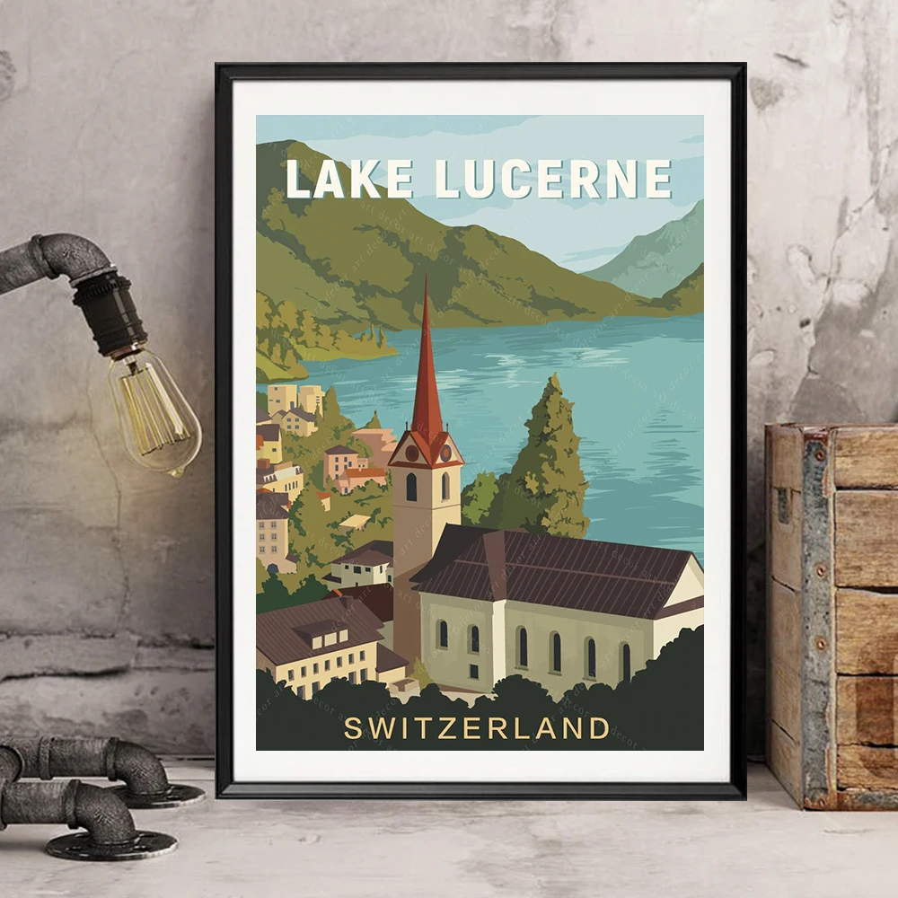 

Switzerland Lake Lucerne Vintage Travel Poster Canvas Painting Wall Art Kraft Posters Coated Wallsticker Home Decor Gift