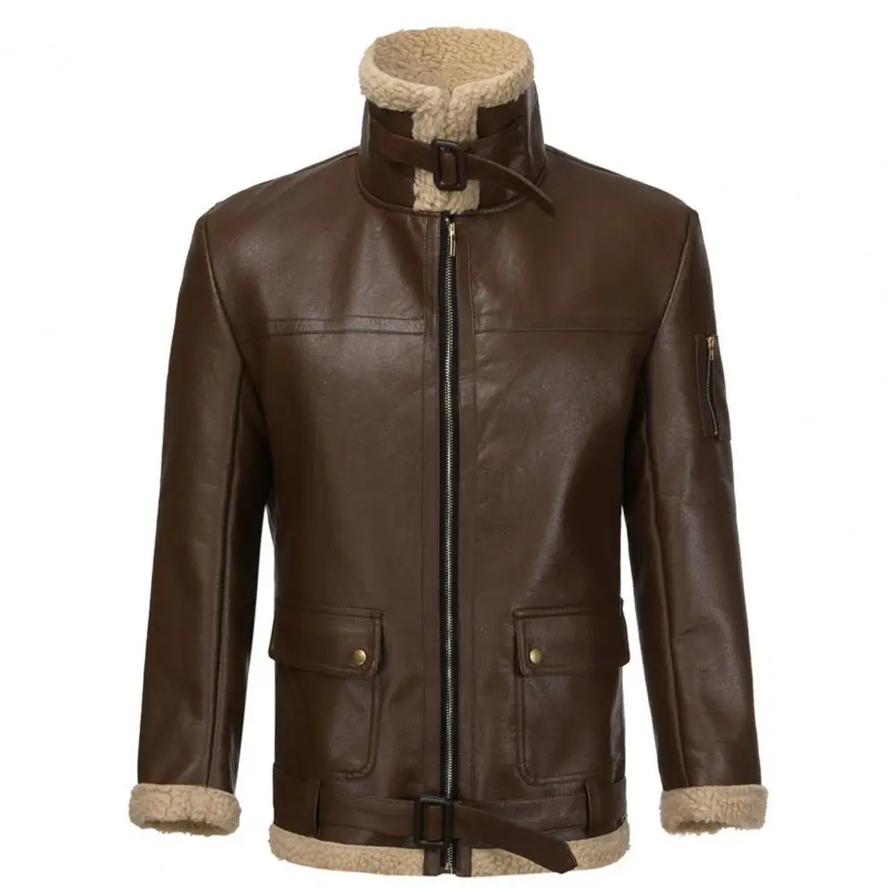 

Jacket Casual Formal Spring Autumn Style Jacket Vintage Men Winter Faux Leather Plush Liner Coat Buckle Motorcycle Short Jacket