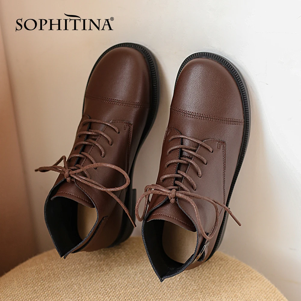 Beli Sepatu Bot Pergelangan Kaki Kasual SOPHITINA Sepatu Bot Ujung Bundar Kulit Asli Hak Rendah Nyaman Sepatu Wanita Kantor Renda HO258