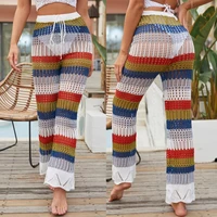women colorful striped bikini coveralls high waist crochet cutout color block swimsuit beachwear summer fashion beach trousers