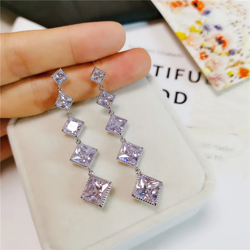 

Natural White 3 Carats Moissanite Gemstone Square Tassel Long Earrings for Women De Mujer Silver color 925 Jewelry Drop Earring