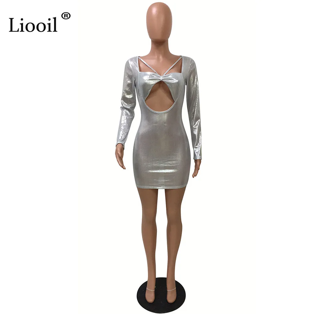 Liooil яркое Золотое сексуальное облегающее мини-платье с вырезом для женщин осень зима длинный рукав ночной клуб вечерние бесшовная плотно прилегающая юбка платья