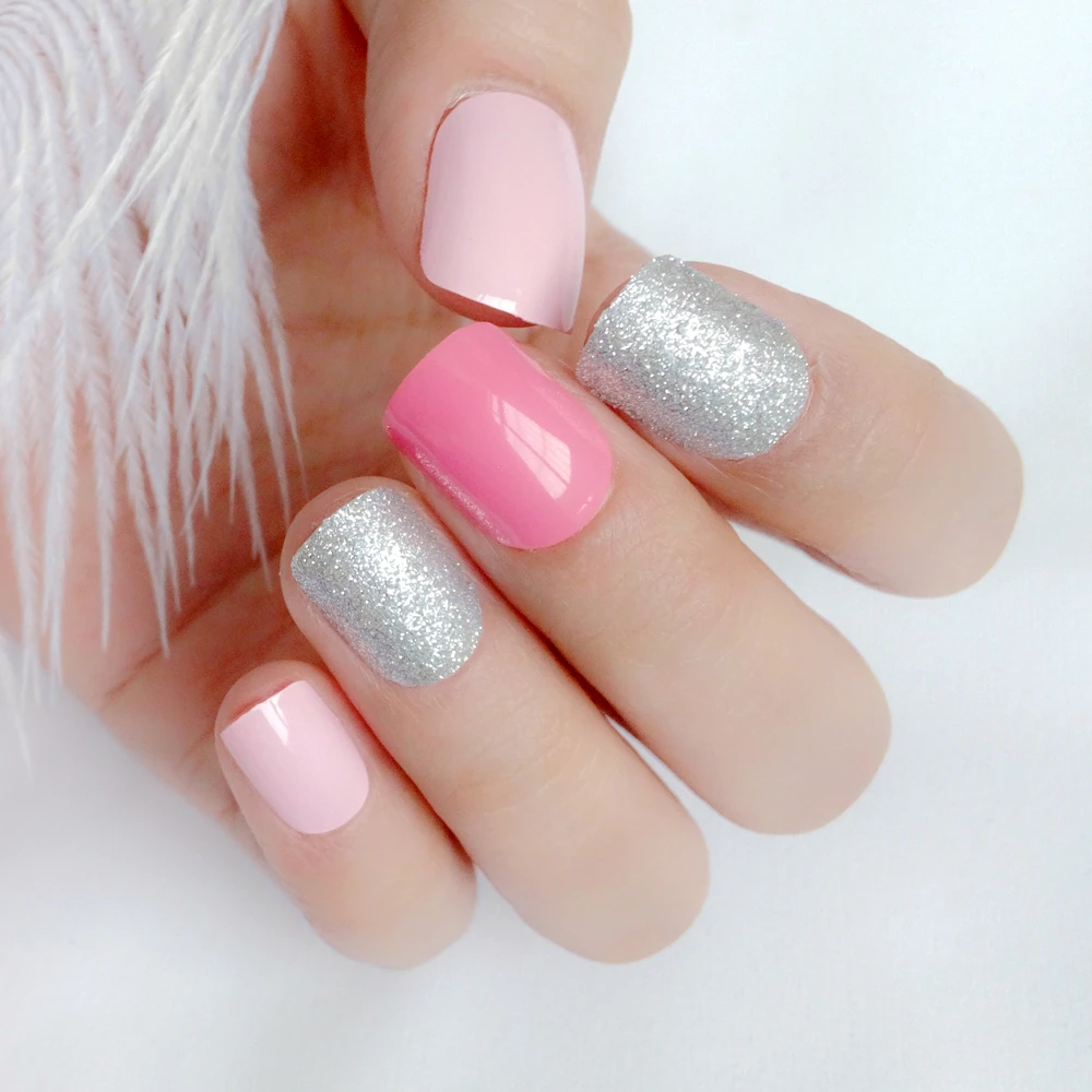 

24Pcs Glitter Silver Pink False Nails With Design Leopard Giraffe Artificial Fake Nails Full Cover Finger Tips Manicure Tools