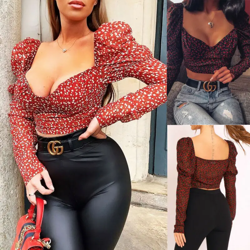 Женская футболка весна 2020 винтажный горошек квадратный вырез оборки Длинные