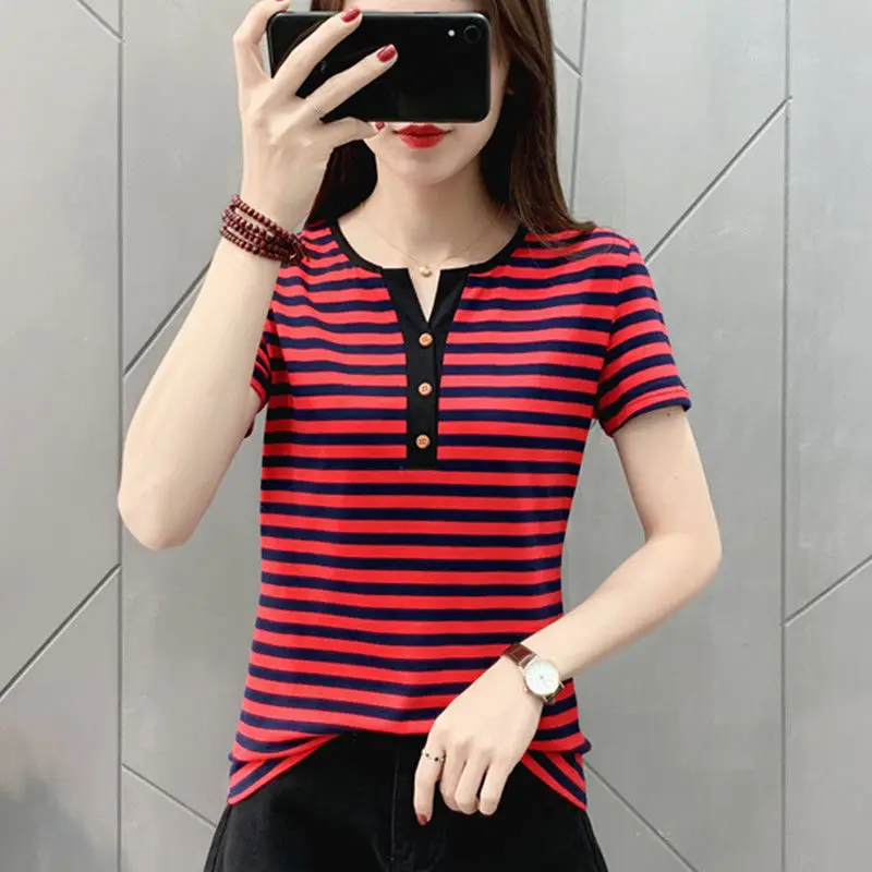 

95 cotton Summer Short Sleeve Striped T-shirt slim round neck T-shirt half sleeve top 2021 NEW