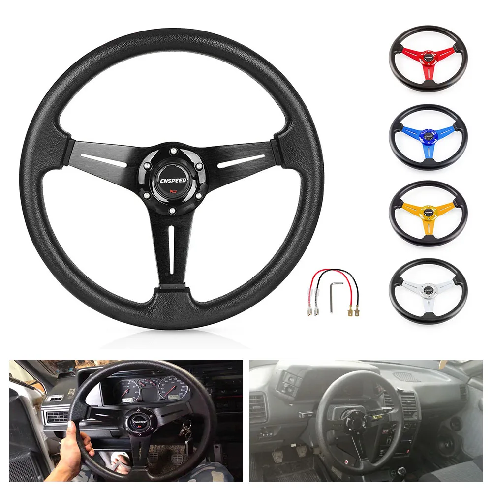 350mm 14inch Racing PU Leather Steering Wheel Aluminum Game Sport Drifting Wheels Horn Deep Dish Corn Universal Car - купить по