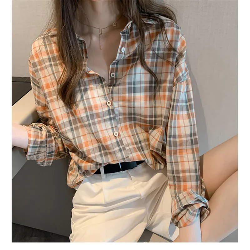 Модная новинка женская рубашка в клетку на раннюю осень хлопковая Harajuku