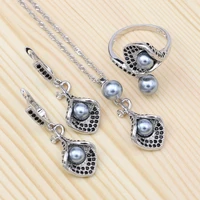 gray pearl 925 silver jewelry sets black cubic zirconia for women party horn shape earrings open ring pendant necklace set