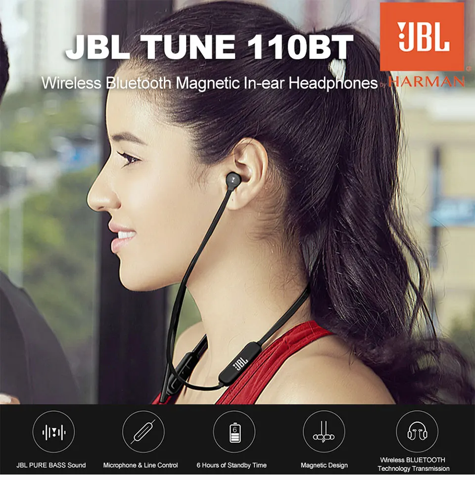 JBL T110BT Wireless Bluetooth Earphone Sports Running Bass Sound Magnetic Headset 3-Button Remote With Mic for Smartphone Music