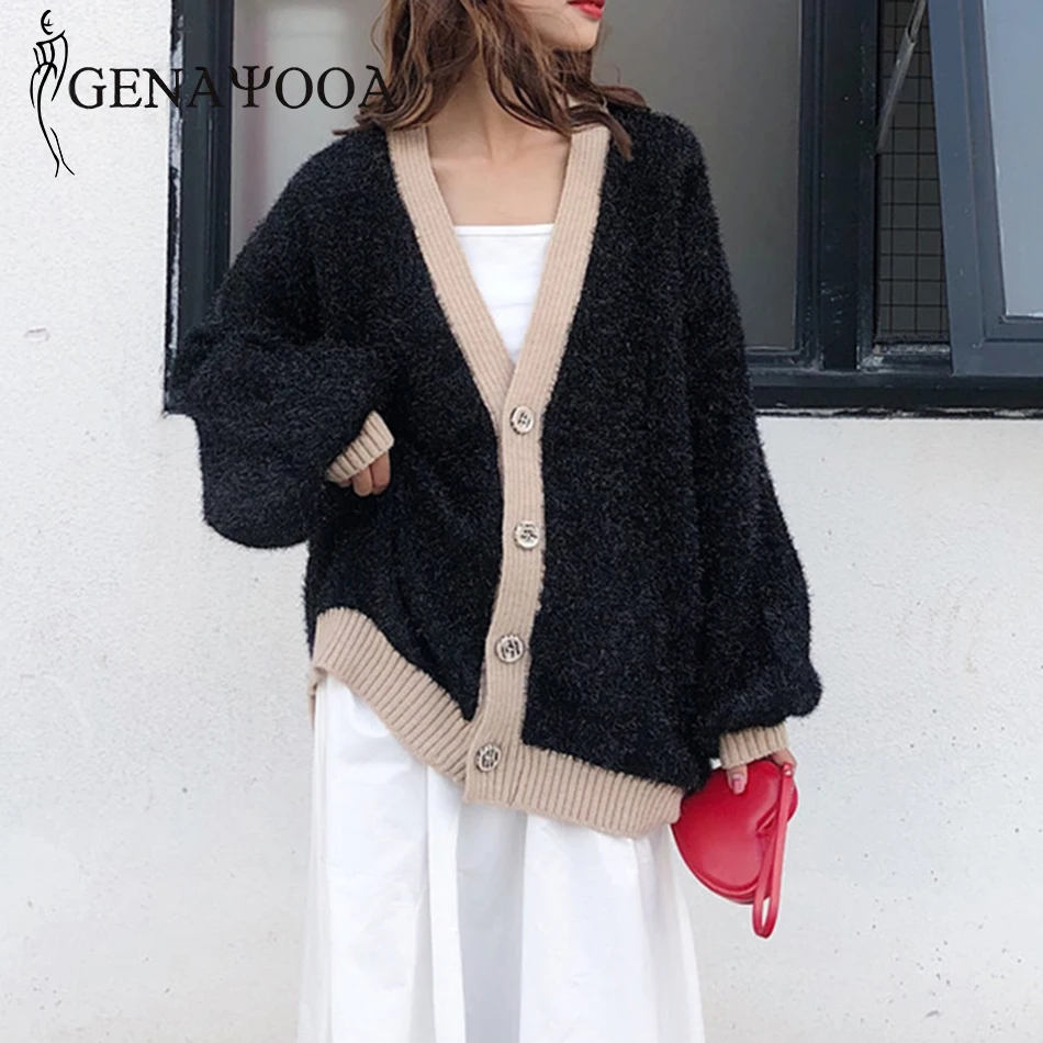 

Genayooa Winter Cardigan Women Sweater Long Sleeve Knitted Sweater For Women Casual Deep V Neck Loose Cardigan Coats Outerwear