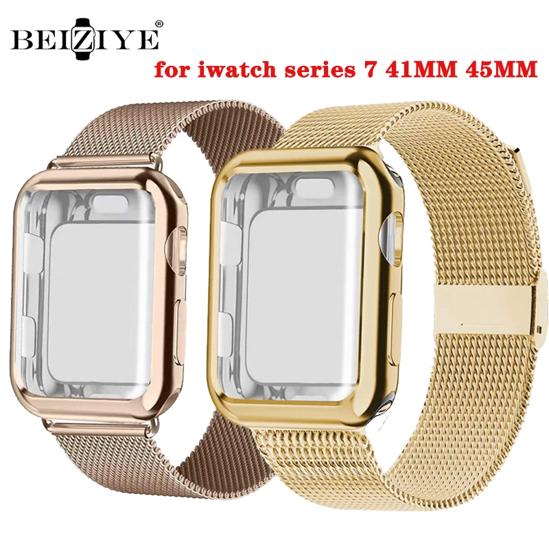 

Milanese Loop Band With Case For Apple Watch Series 7 45mm 41mm Stainless Steel Metal Strap Wrist Bracelet for iwatch 41MM 45MM