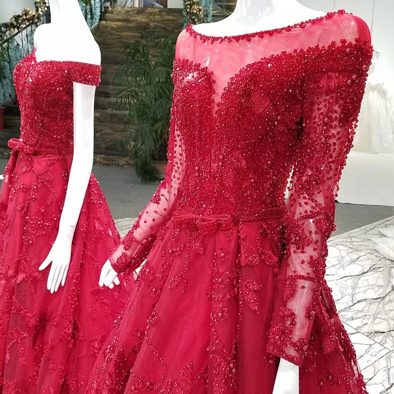 LS62114 vestido de noiva 2018 красный цвет с длинными рукавами и шеей для лодочной лодыжки два