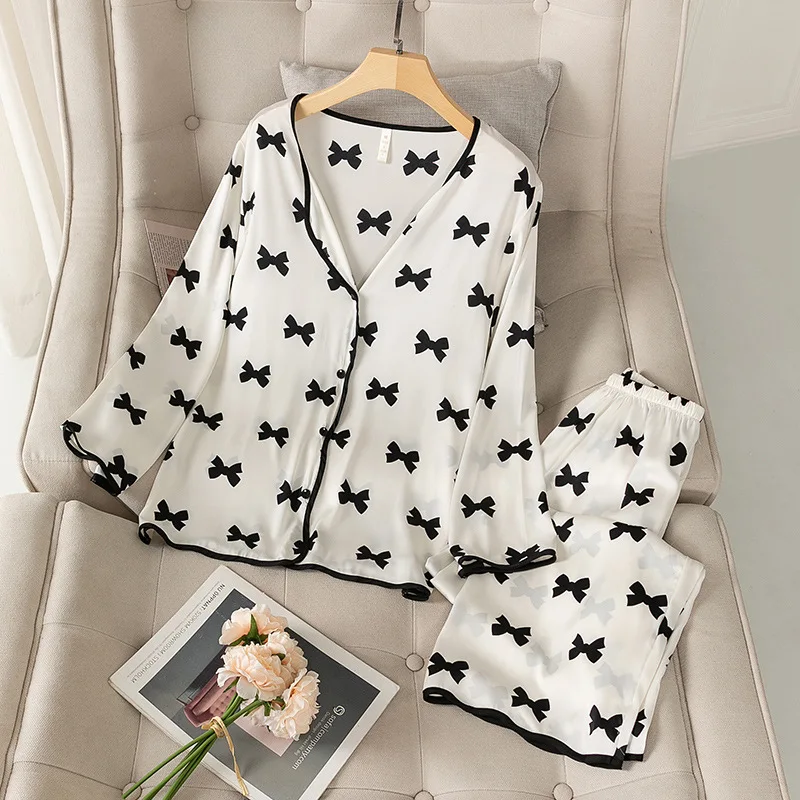 

V-Neck Sleepwear Satin Sleep Set Intimate Lingerie Spring New Print Nightwear Lady 2PCS Pajamas Suit Casual Long Sleeve Homewear