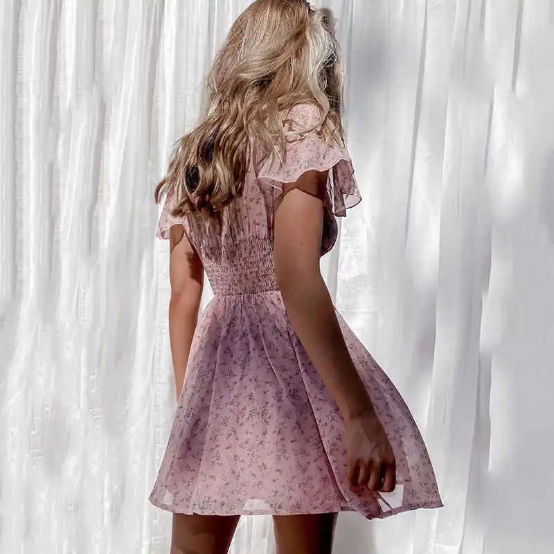 

Elegant V Neck With Button Floral Print Mini Dress HIght Waist Ruffled Ladies Vintage Vestido Spring Summer