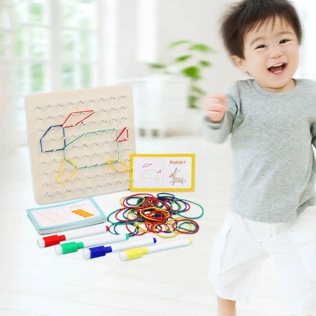 

Wood Geoboard Geometry Shape Graphical with 30 Cards Mathematical Manipulative Montessori Creativity Array Block Nail Board Toy