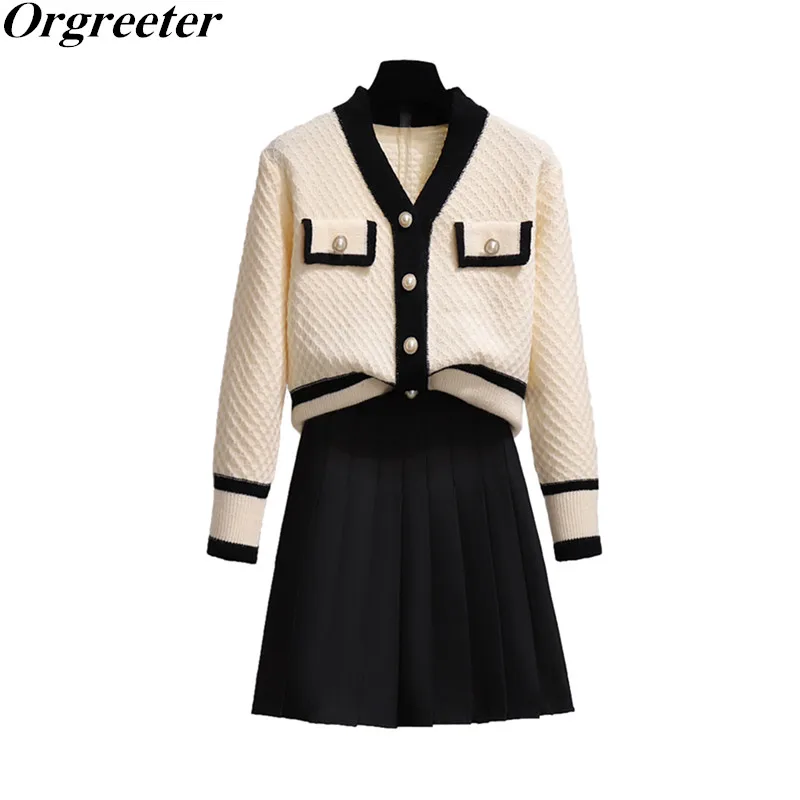 

Fall New Contrast color Sweater Suits Female V-neck Striped Pearl Button Knit Cardigan +Pleated Mini Skirt Two piece Sets Women