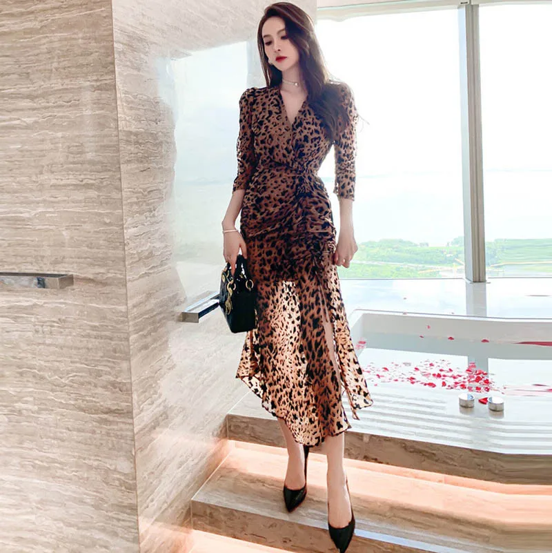 

Spring Summer New Fashion 2021 Women's V-Neck Mermaid Irregular Hem Slit Floral Printed Bandage Elegently Casual Long Dress