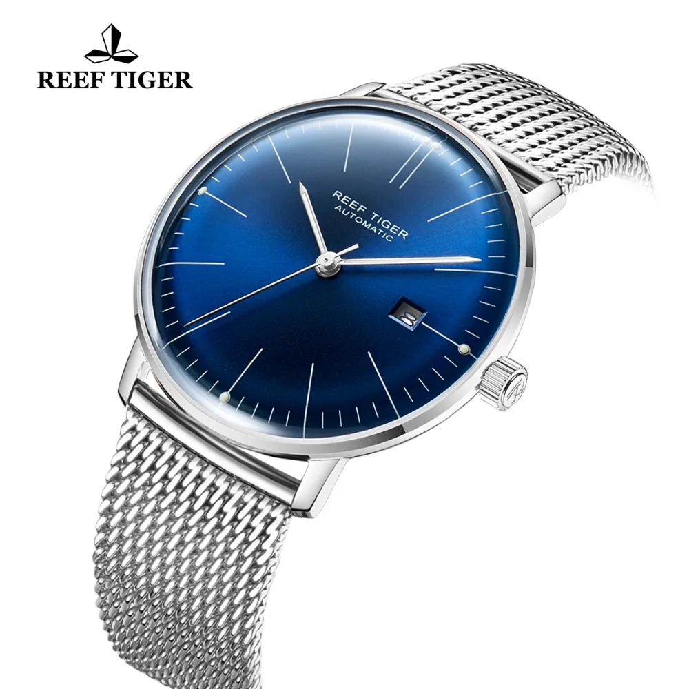 

2021 Reef Tiger/RT Luxury Brand Simple Watch Men Ultra Thin Watch Automatic Calendar Blue Bracelet Watches reloj hombre RGA8215