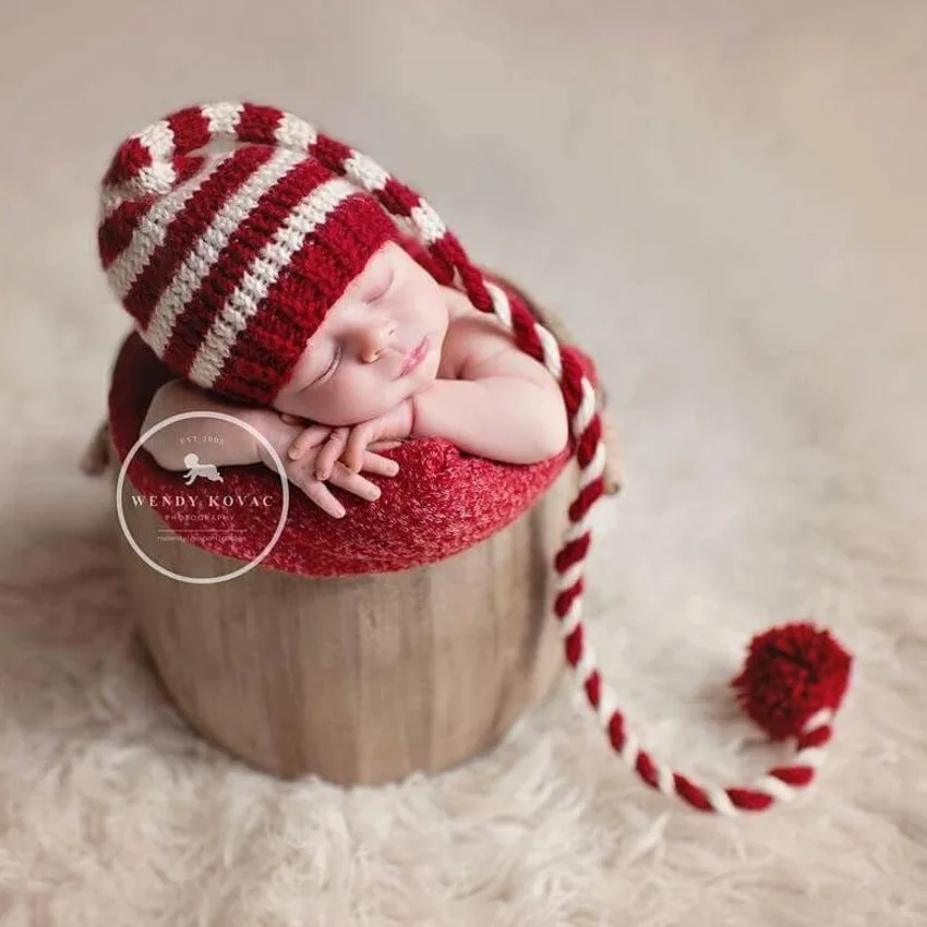 

Детские вязаные длинные хвосты Рождественская шляпа для фотографирования новорожденных реквизит в полоску крючком детские шапки реквизит...