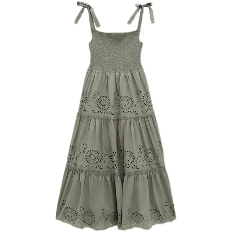 

Shirring Slim A-line Bandage Slip Long Dresses Hook Flower Hollow Out Solid Empire Vestidos 2021 Summer New Chic Femme Robe