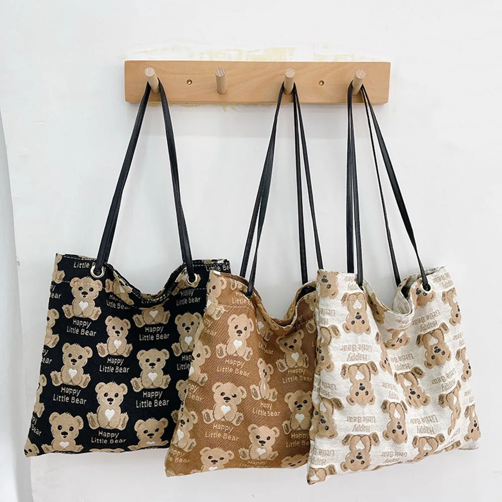 

Vintage Women Cartoon Bear Printing Canvas Large Capacity Shoulder Shopping Bag Casual Ladies Tote Handbags