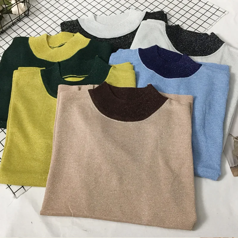 Patchwork Half Sleeve Knit Sweater Tops Women Thin Knitted Pullover Korean Slim Summer Autumn Casual Loose Sexy Sequin Base Top