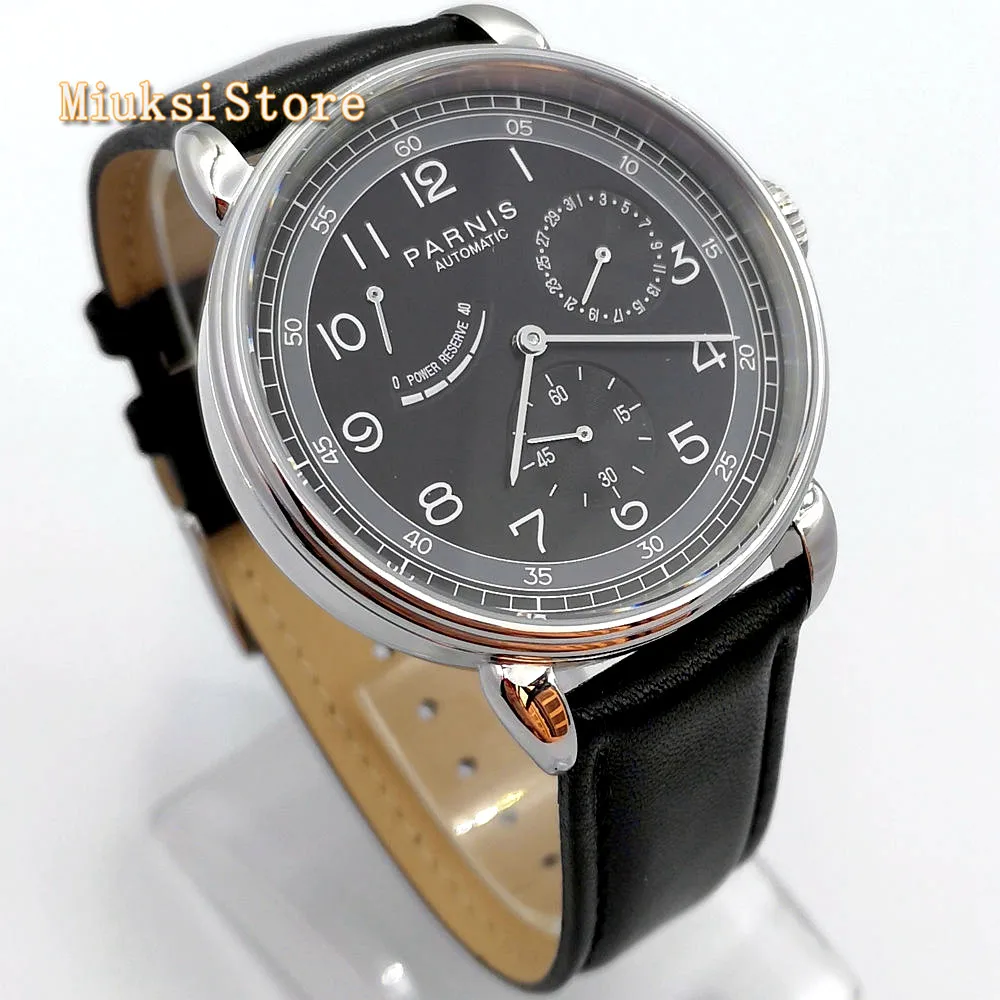 Новые Парнис 42 мм Серебристый футляр для часов Дата Кожаный автоматический