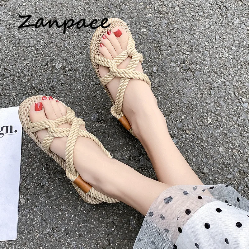 

Handmade Women Sandals 2021 Gladiator Flat Heels Sandals Women Hemp Slip on Hemp Shoes Beach Sandals Cross-tied Flat Sandals