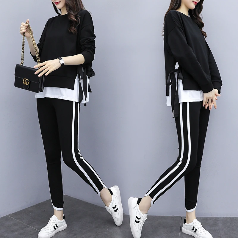 

Spring And Autumn Women Loose Top Pants New Design Two Pcs Clothing Set Korean Fashion Leisure Suits Fleece Black Clothes