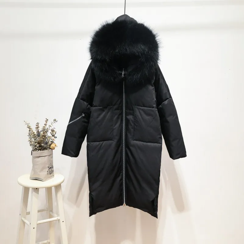 

Fashion Raccoon Fur Collar Long Winter White Duck Down Jacket Women Solid Slim Warm Thick Hooded Down Coats Ladies Winter Parka