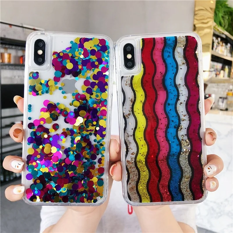 Чехол с радужной волной и блестками в горошек для iphone 11 11Pro Max X XR XS 7 8 Plus жидкий