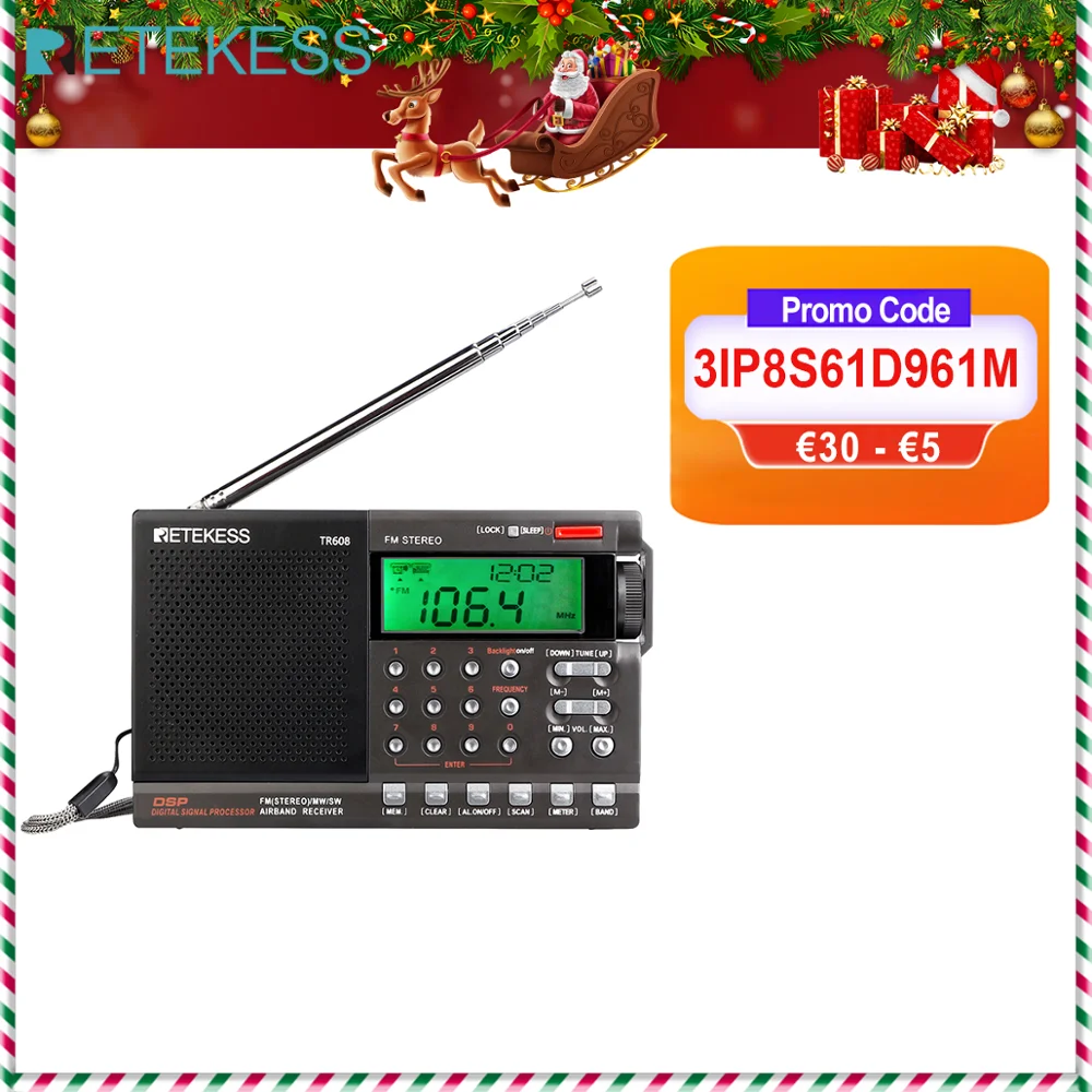 Портативный цифровой радиодинамик Retekess TR608 FM / MW/ SW Air с ЖК дисплеем будильником и