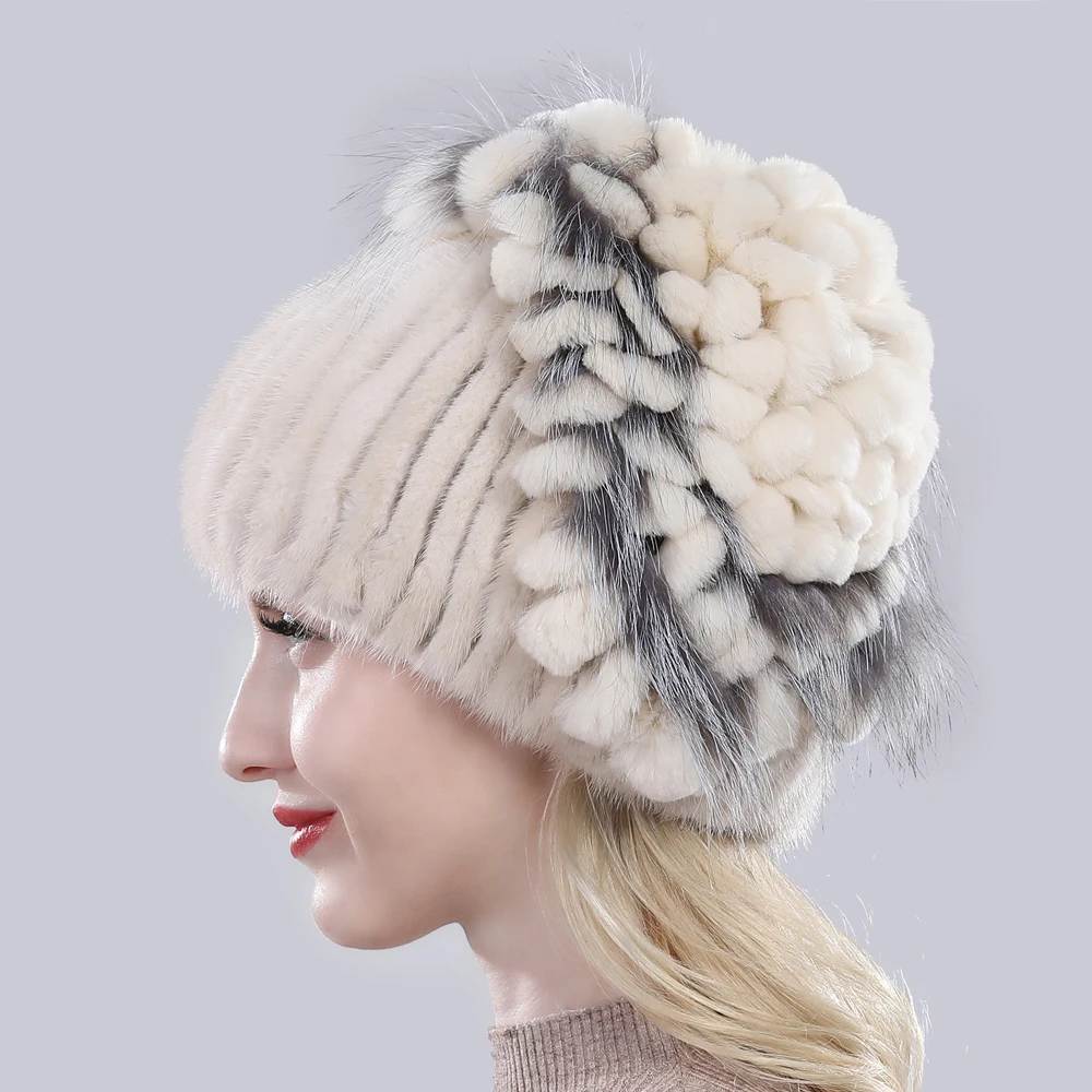 2020 зимняя женская шапка из 100% натурального меха норки лисьего и кролика Рекс