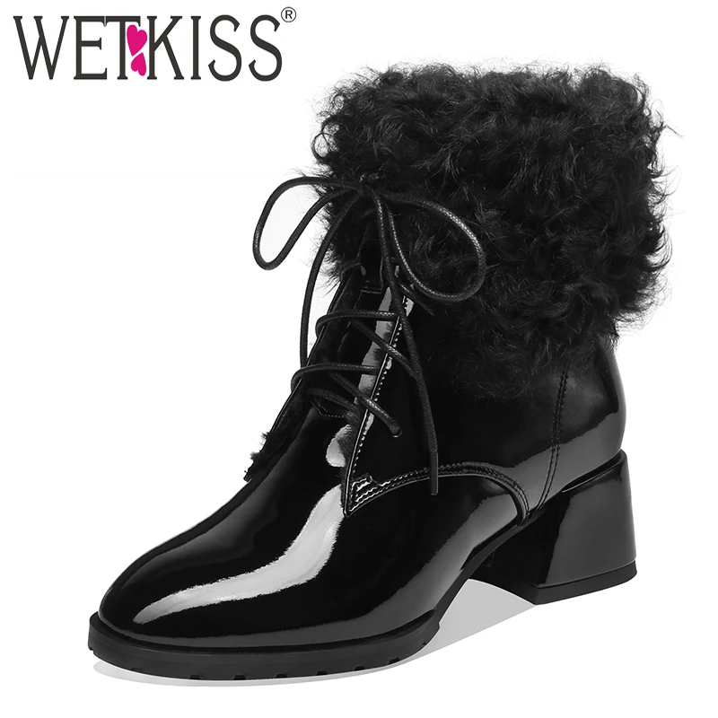WETKISS/зимние сапоги из овечьей шерсти; женские ботильоны из лакированной искусственной кожи; обувь на меху на толстом каблуке; женская обувь на шнуровке с квадратным носком; женская зимняя обувь