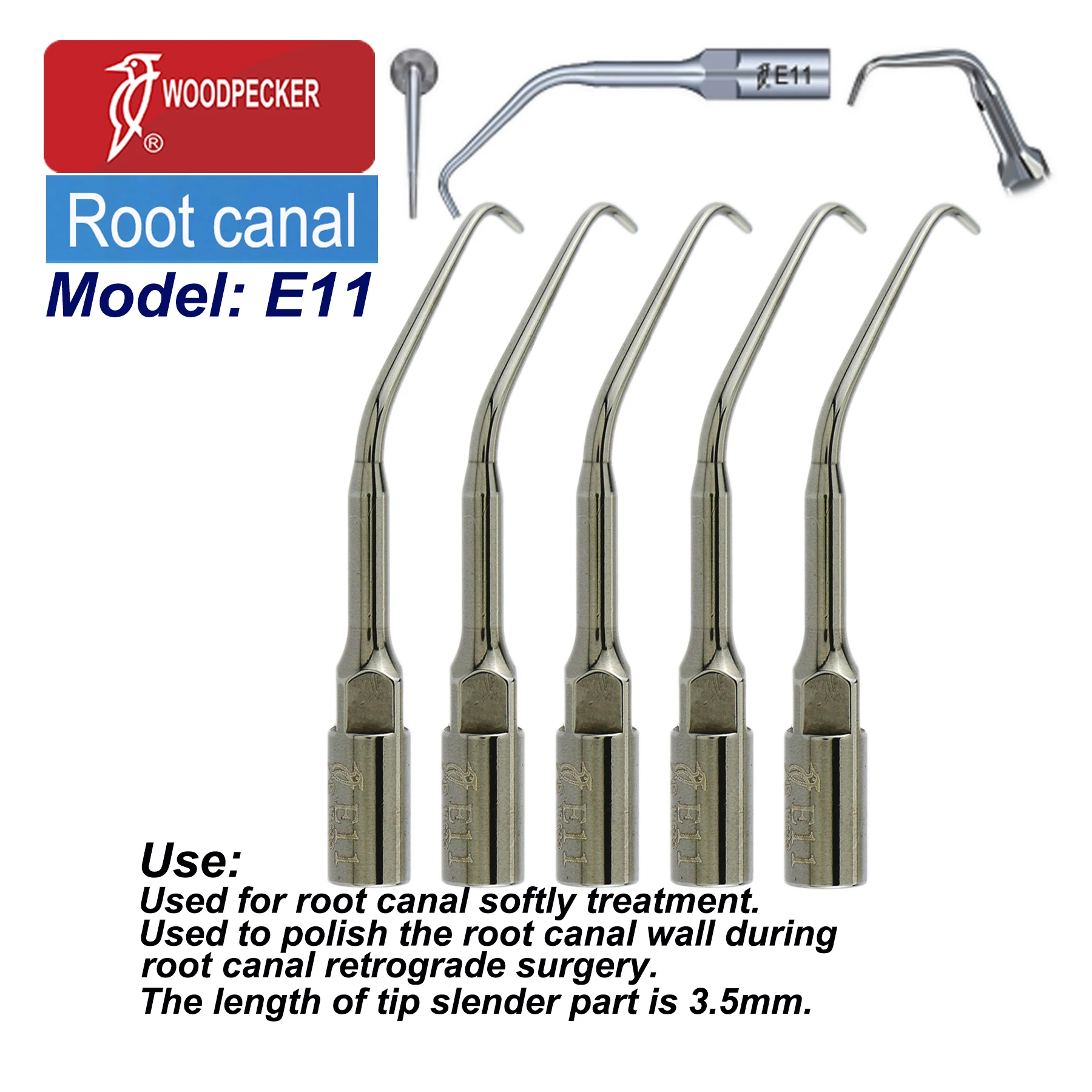 5pcs Woodpecker Dental Ultrasonic Scaler Root Canal Surgery Tips Polish Pulp Wall During Retrograde Surgery Fit UDS EMS E11