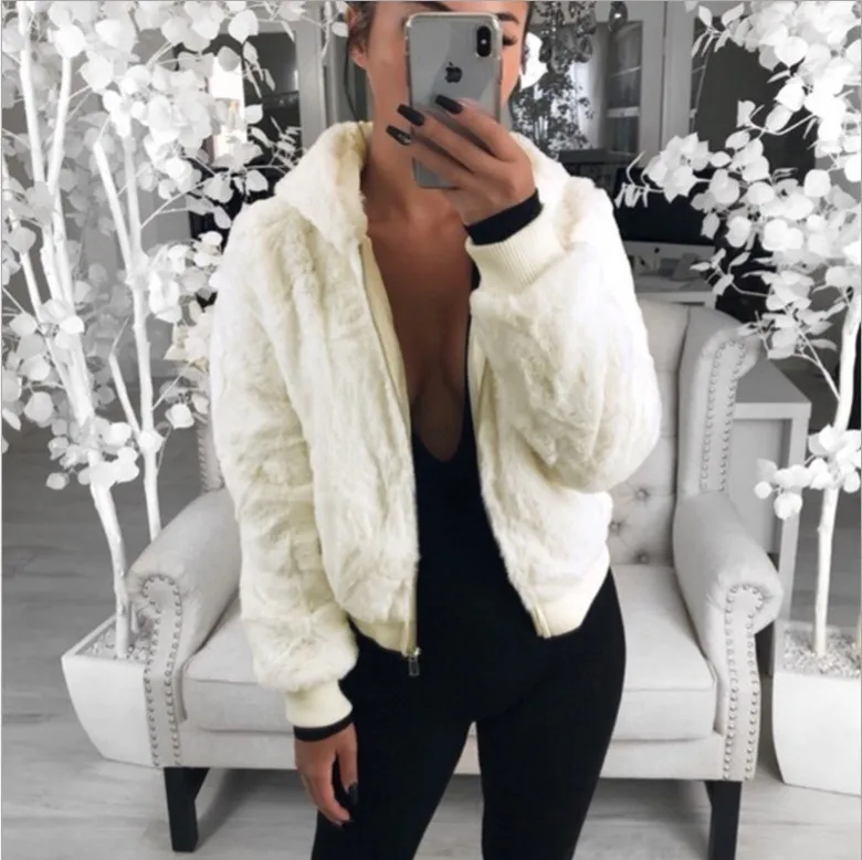 2021 Women Winter Faux Fur Plush Jacket Fashion Hooded Short Coat Zipper Loose Long Sleeve Women Cardigan Warm Streetwear